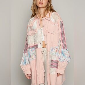 POL jacket patchwork denim mesh floral pink pocket distressed